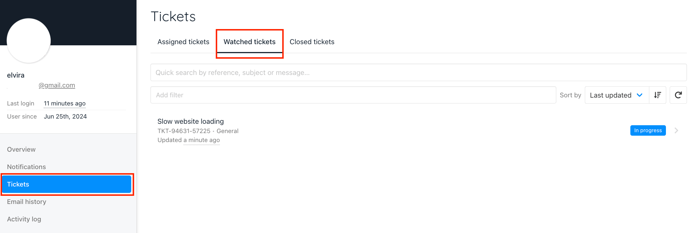 All tickets listed in the Watched Tickets section