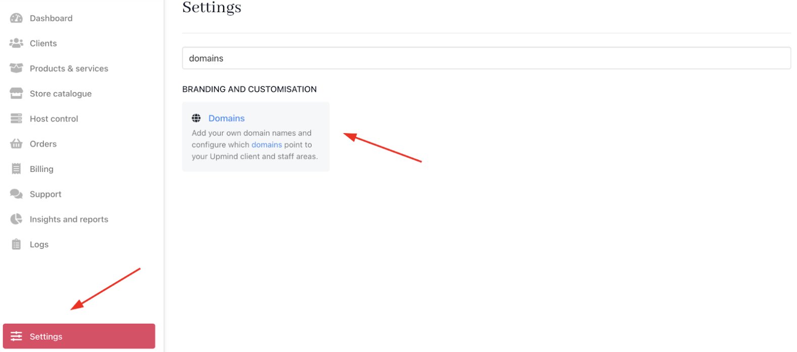 Settings > Branding and customisation > Domains