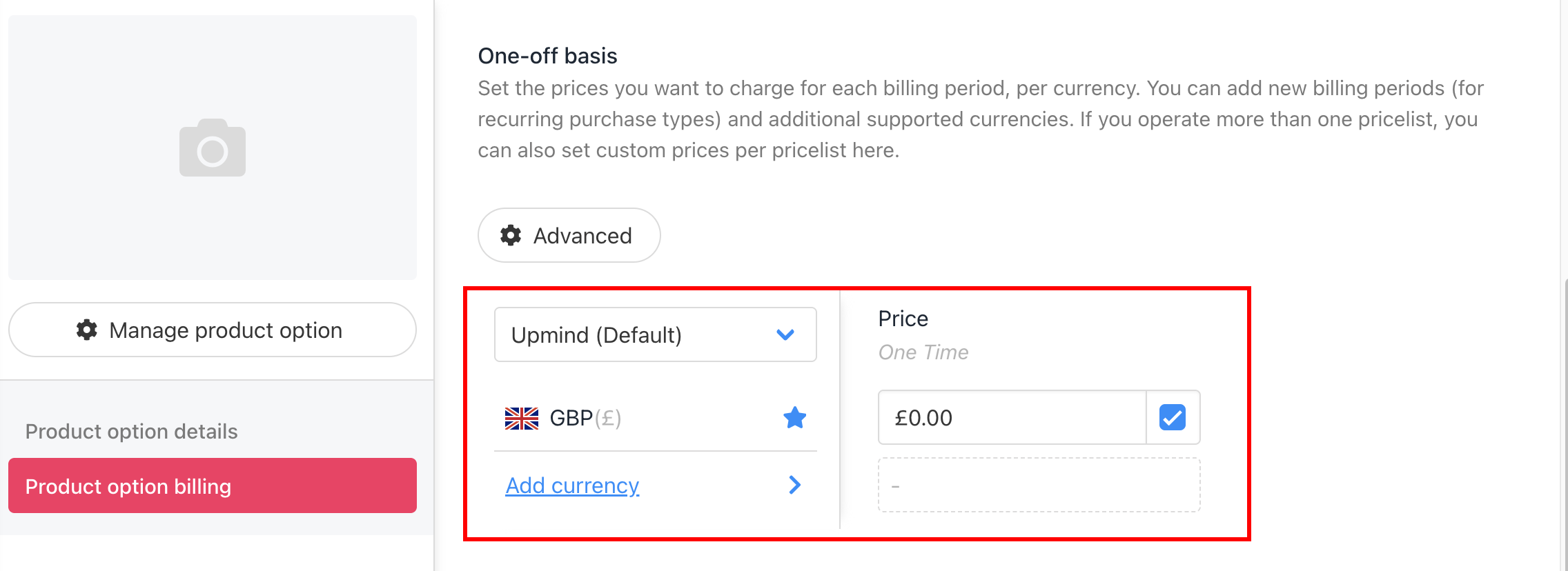 Set the price of the product option