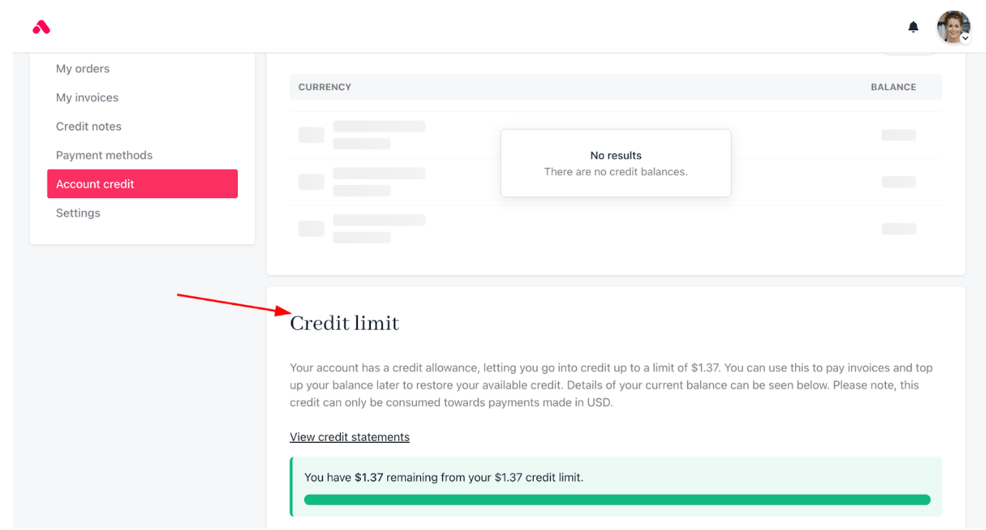 Credit limit in client area