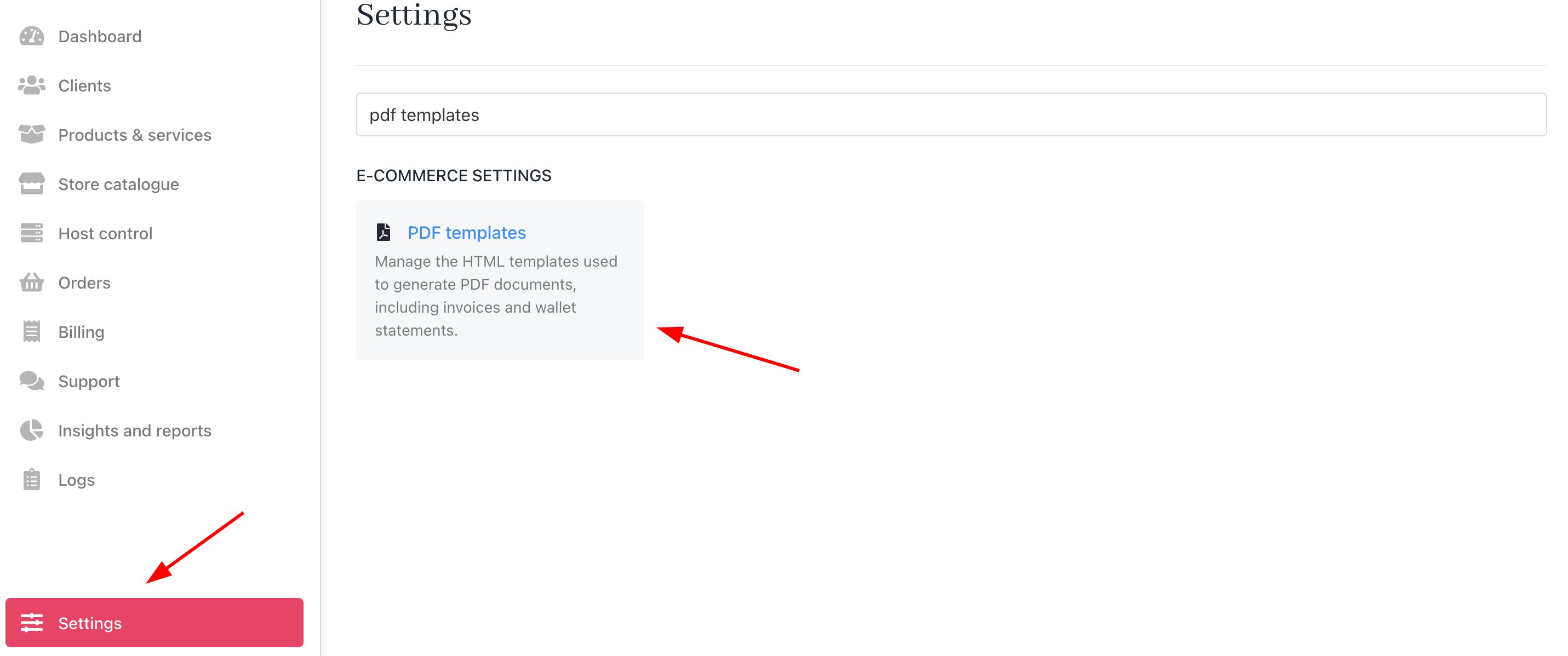 Settings > E-commerce settings > PDF templates
