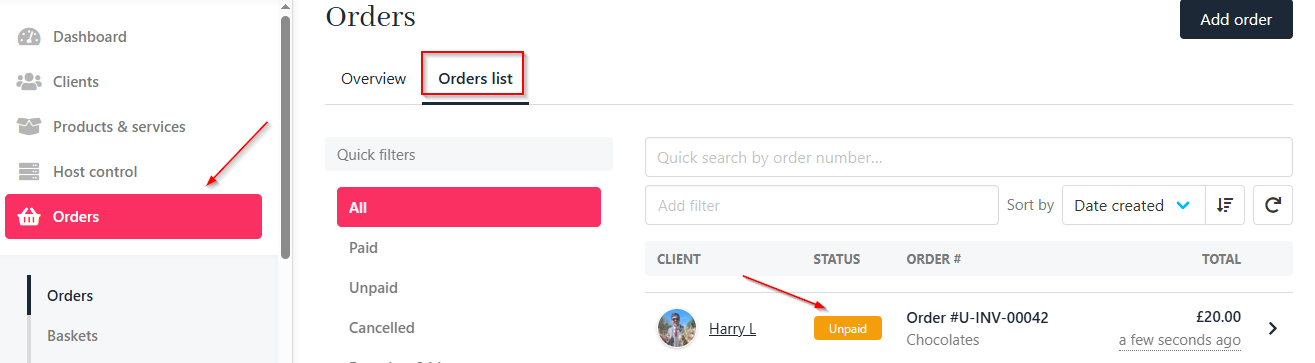 Orders > Orders list