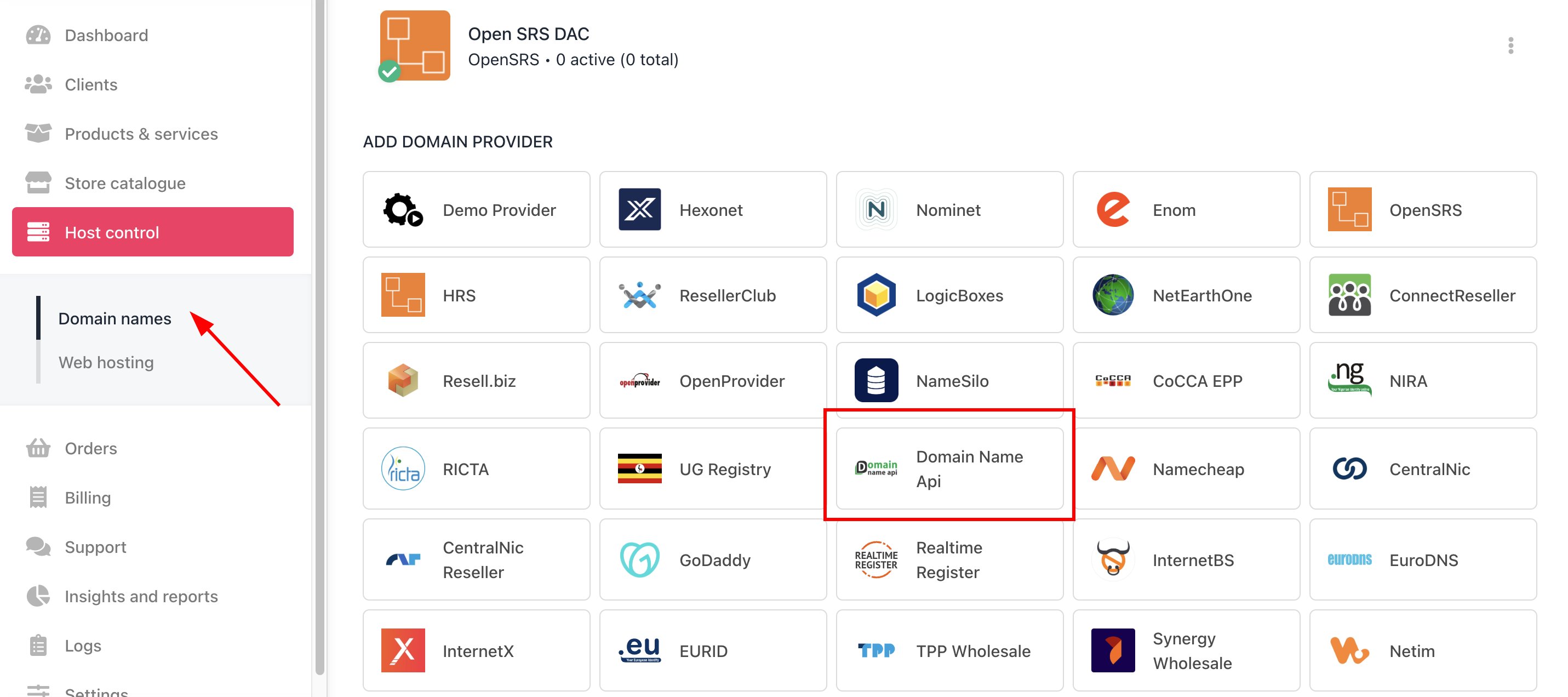 Host Control > Domain names > Registrars