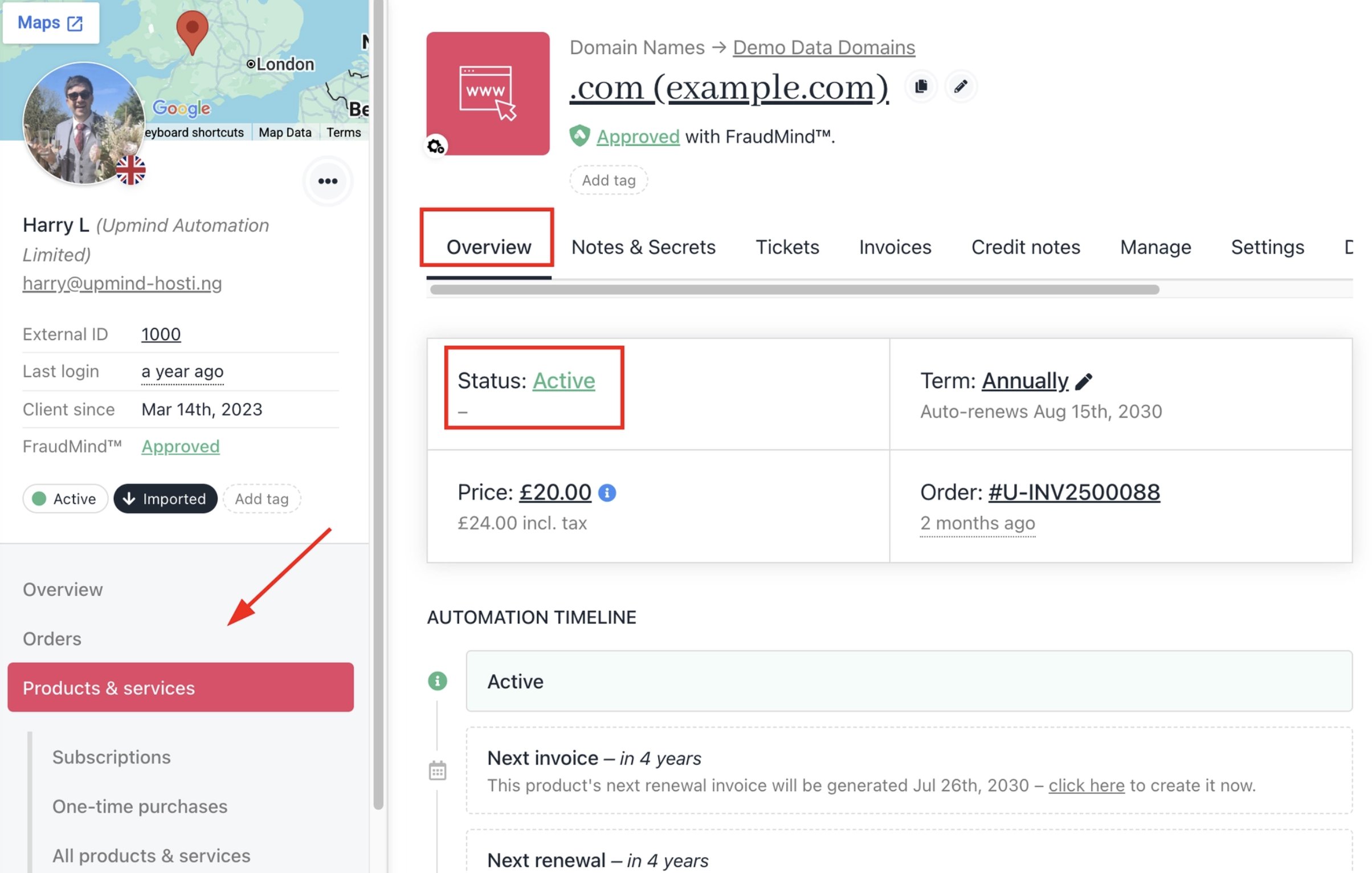 Clients > Products & Services > Overview tab
