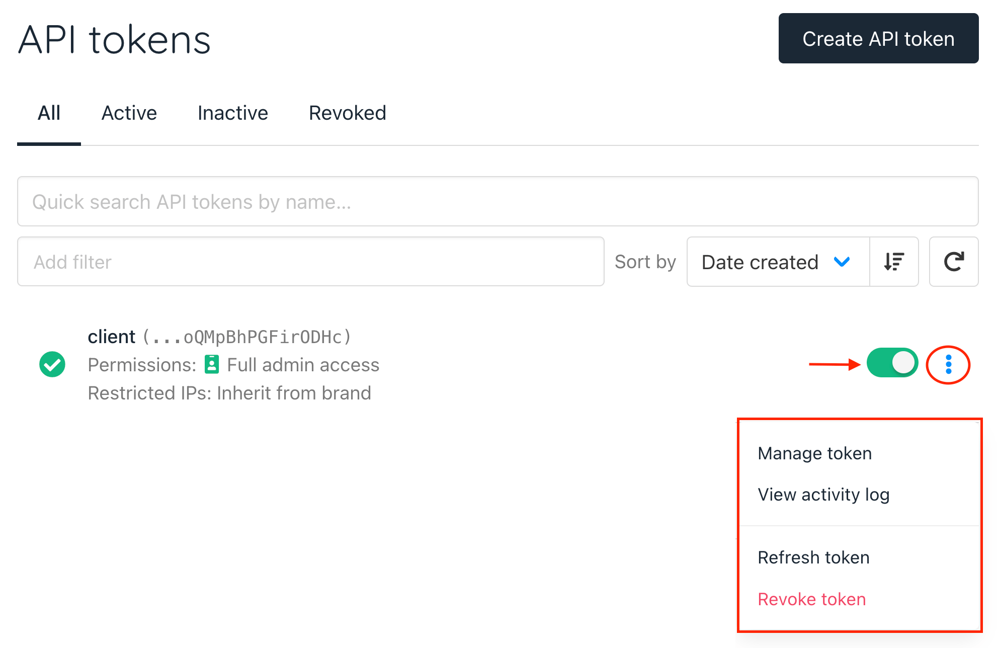 API token options