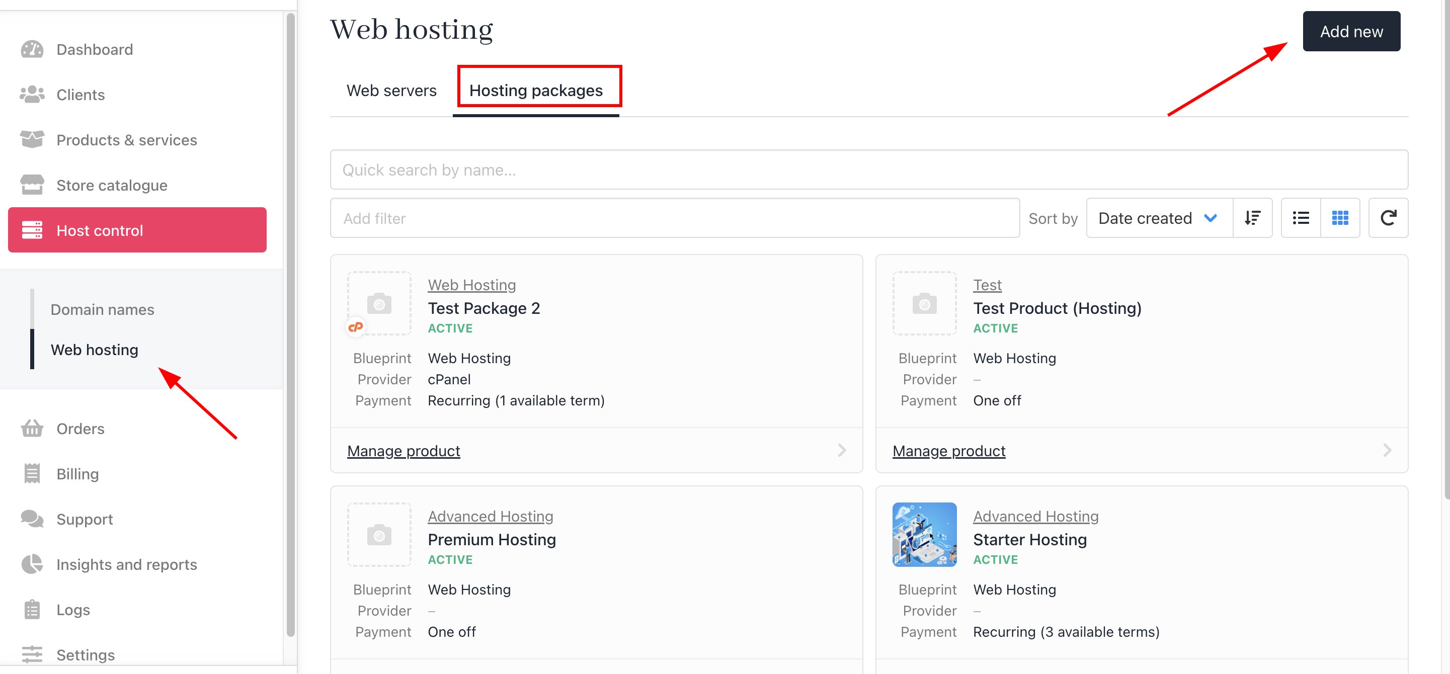 Host control > Web hosting > Hosting packages > Add new