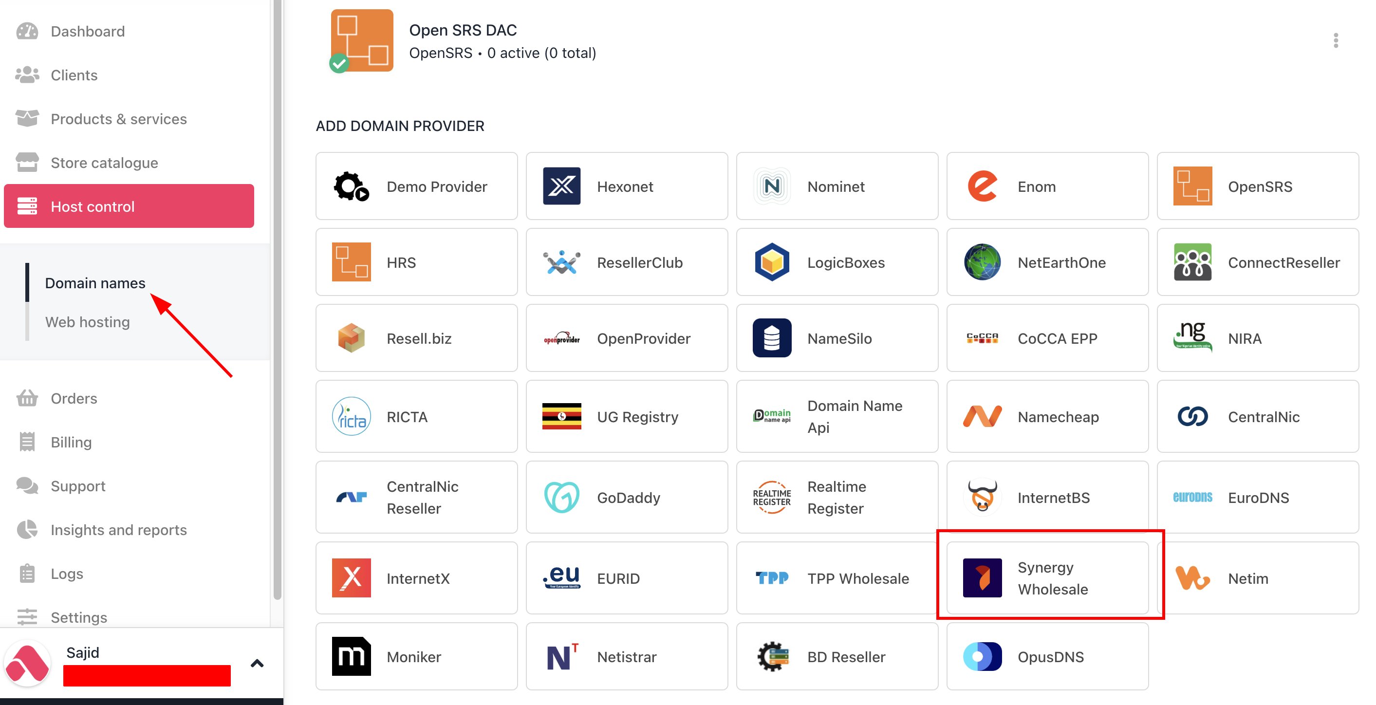 Host Control > Domain names > Registrars