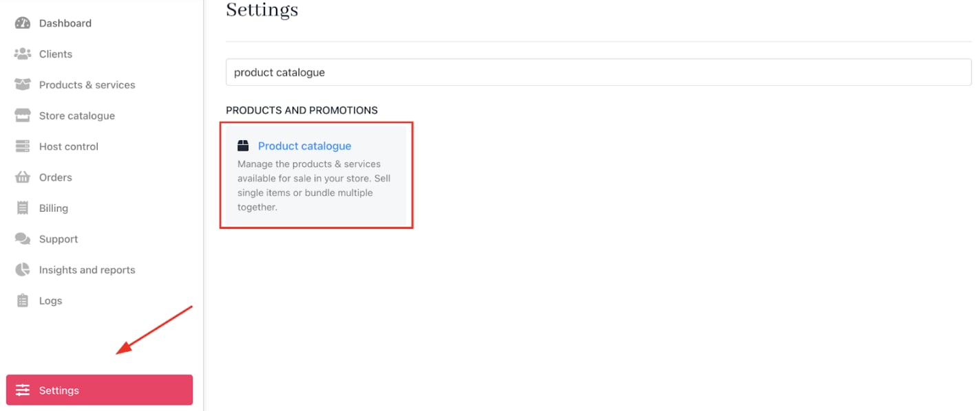 Settings > Products and Promotions > Product Catalogue