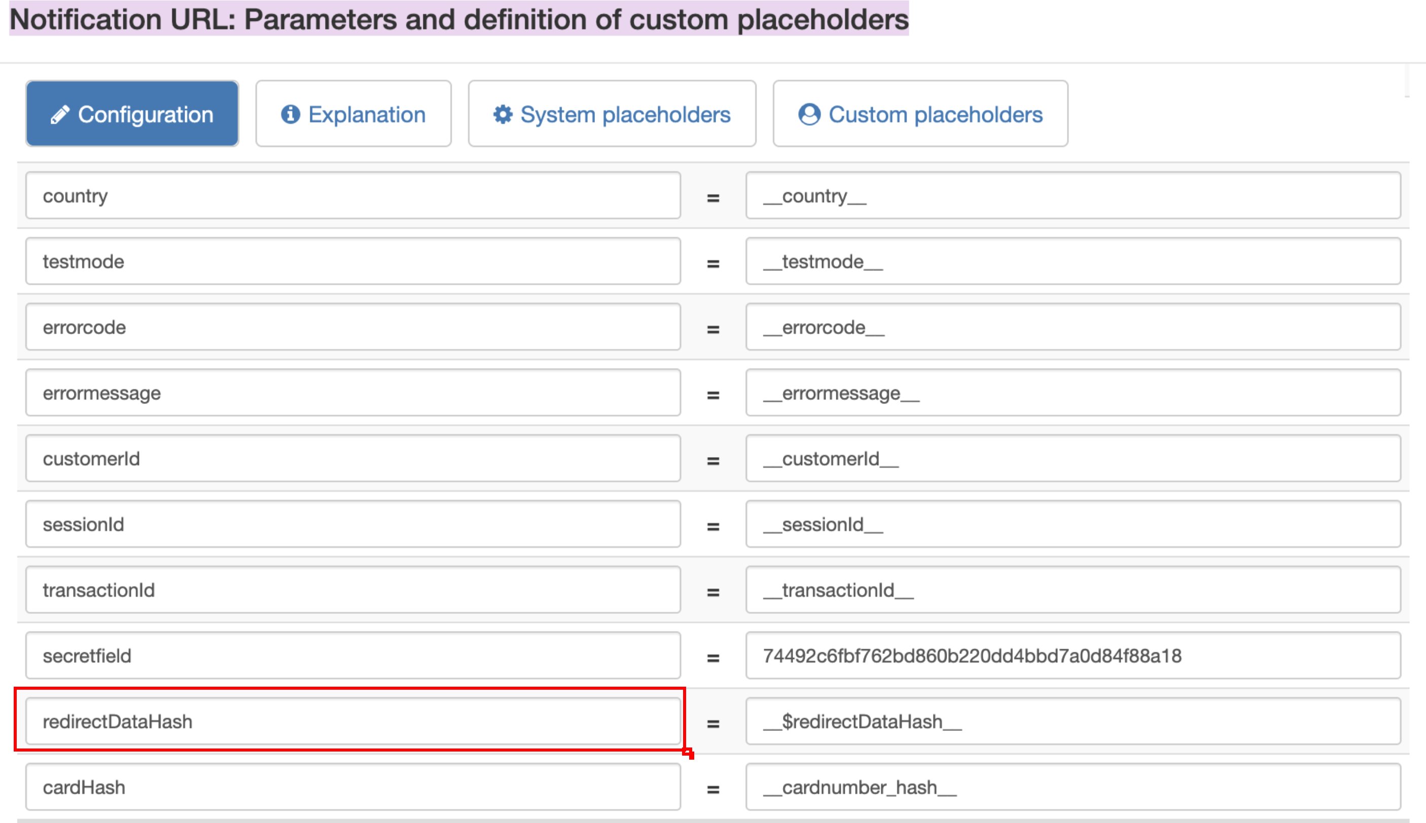redirectDataHash additional param