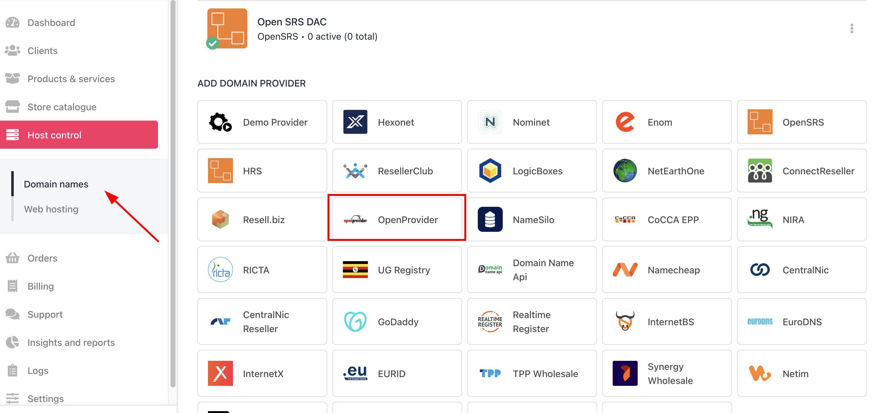 Host Control > Domain names > Registrars