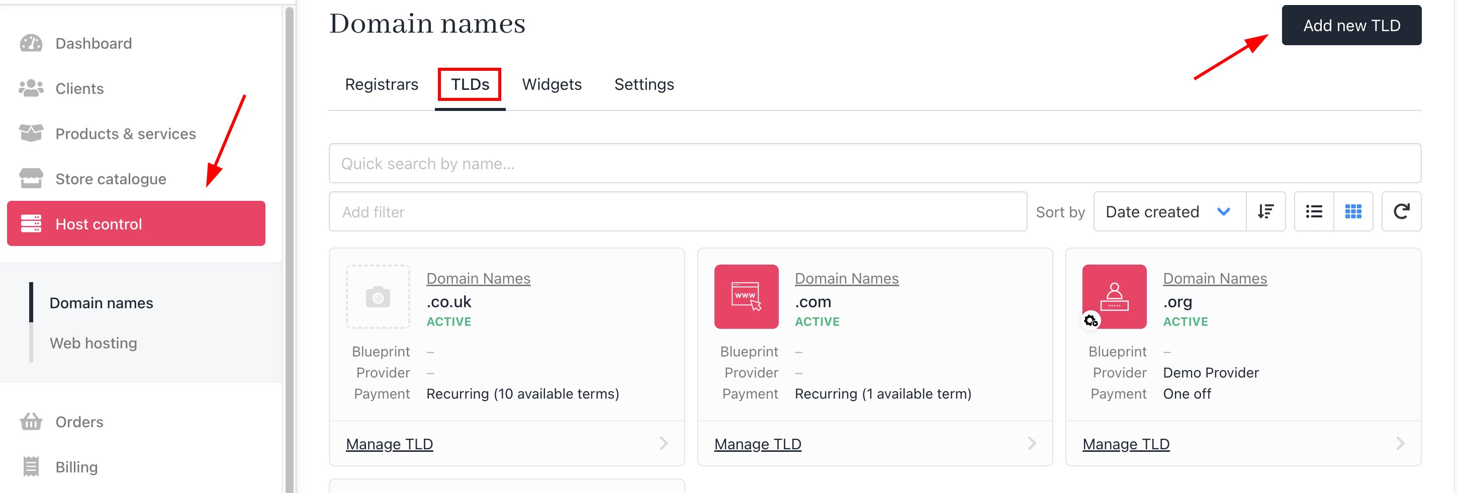 Host Control > TLDs > Add new TLD