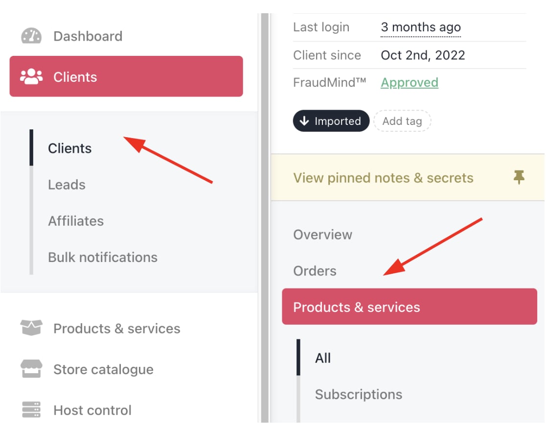 Products & services from the admin area