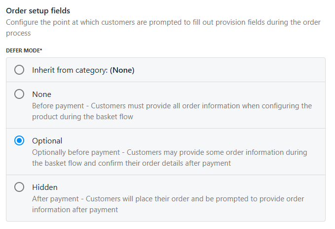 Order setup fields