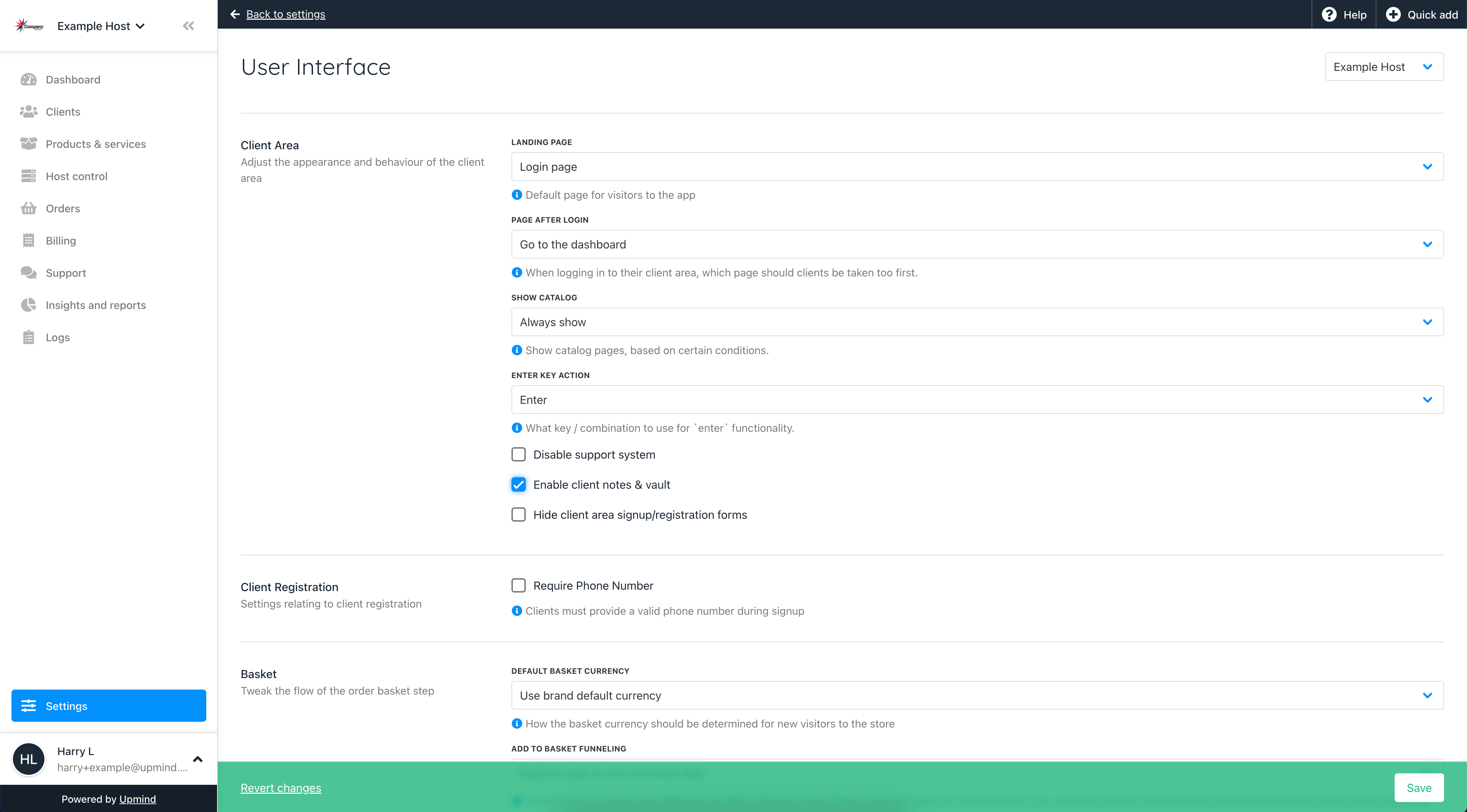 Tick the checkbox for `Enable client notes & vault`