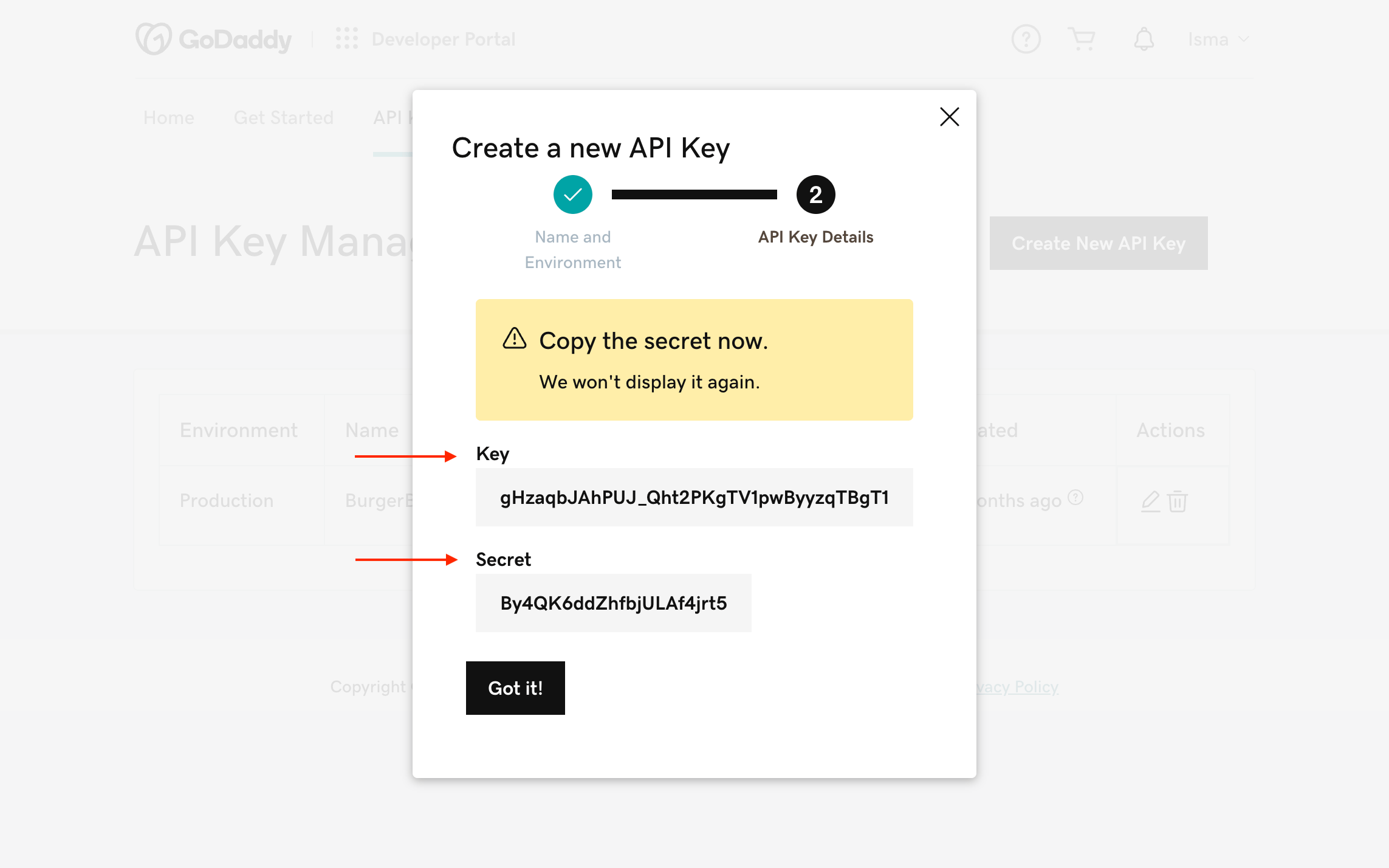 Copy API Key and Secret