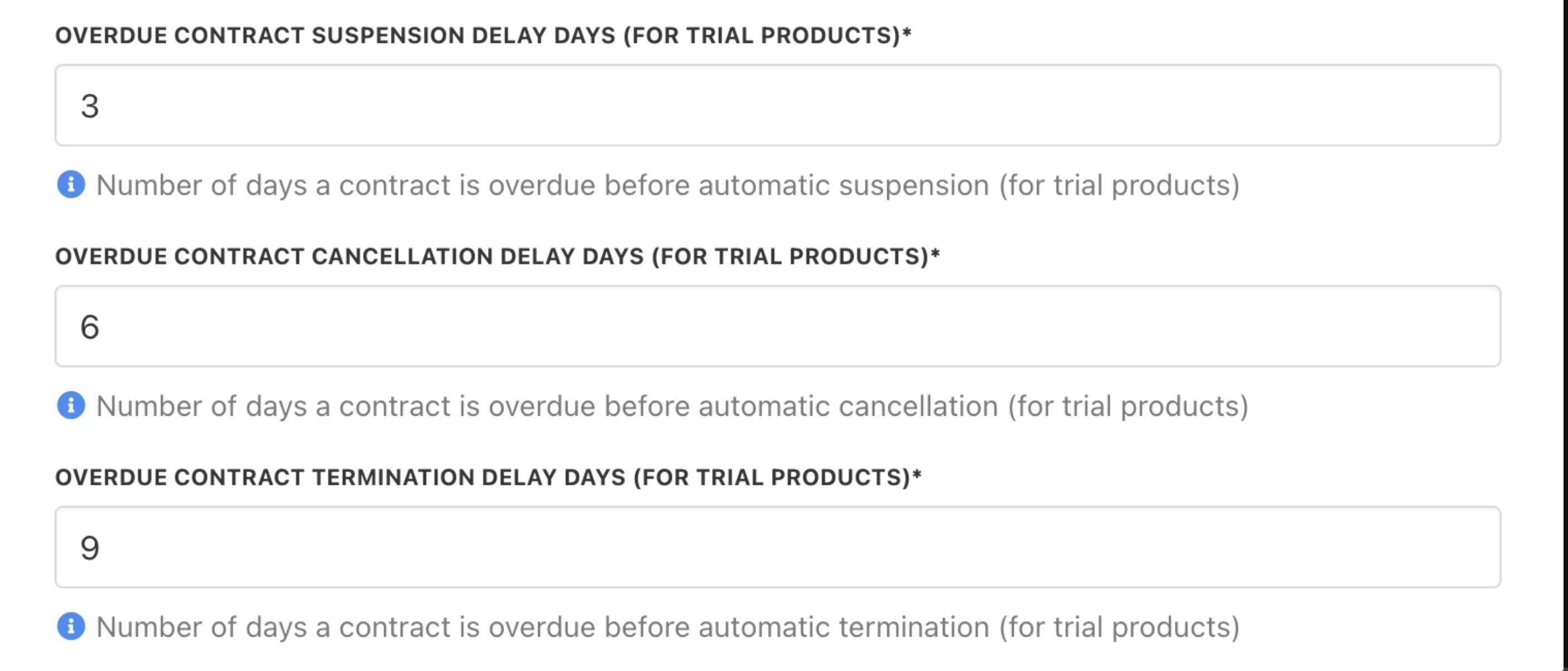 Overdue contract settings for trial products
