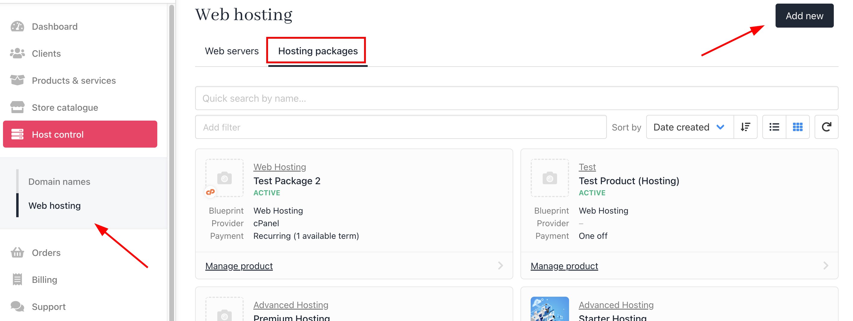 Host control > Web hosting > Add new