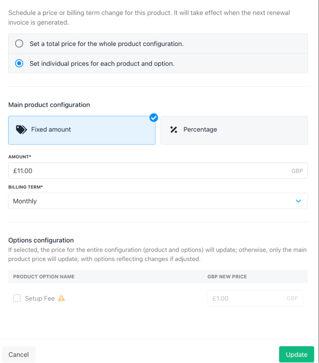 Contract product price changes