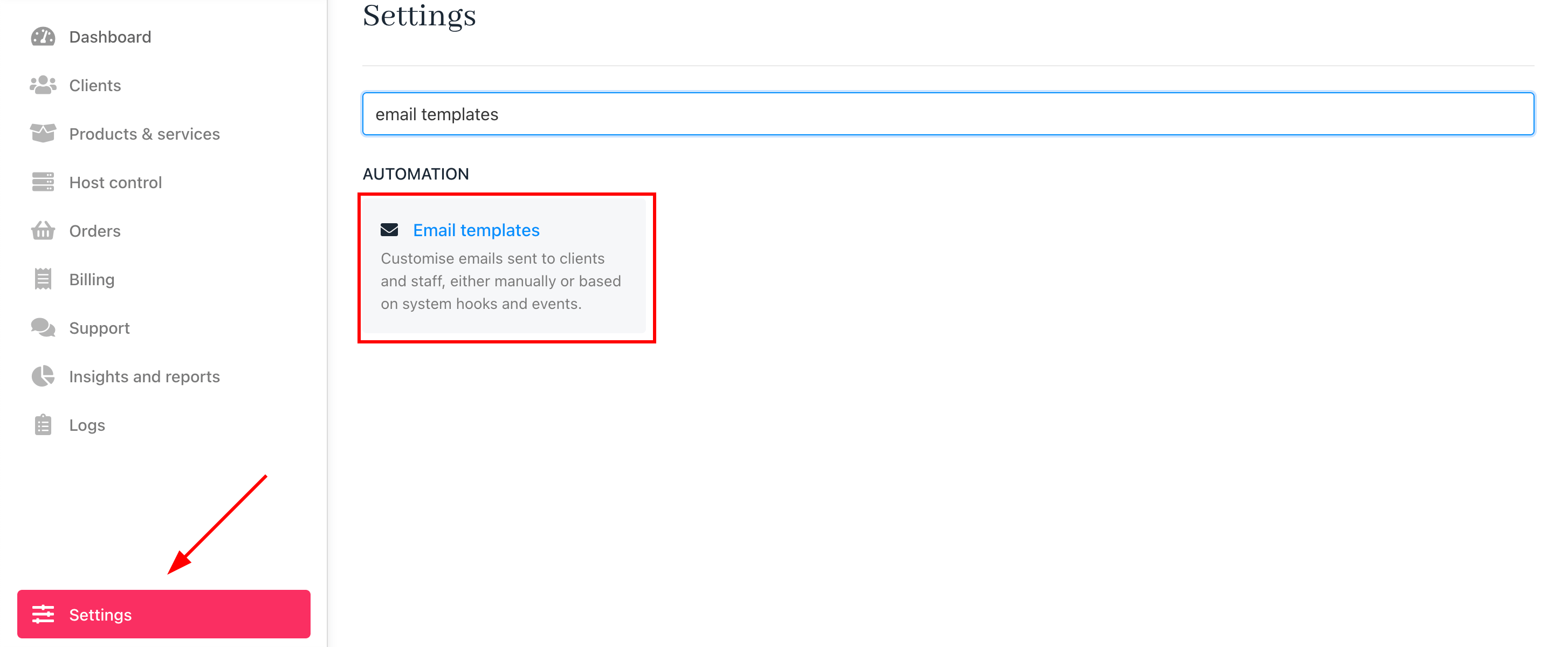 Settings > Email templates