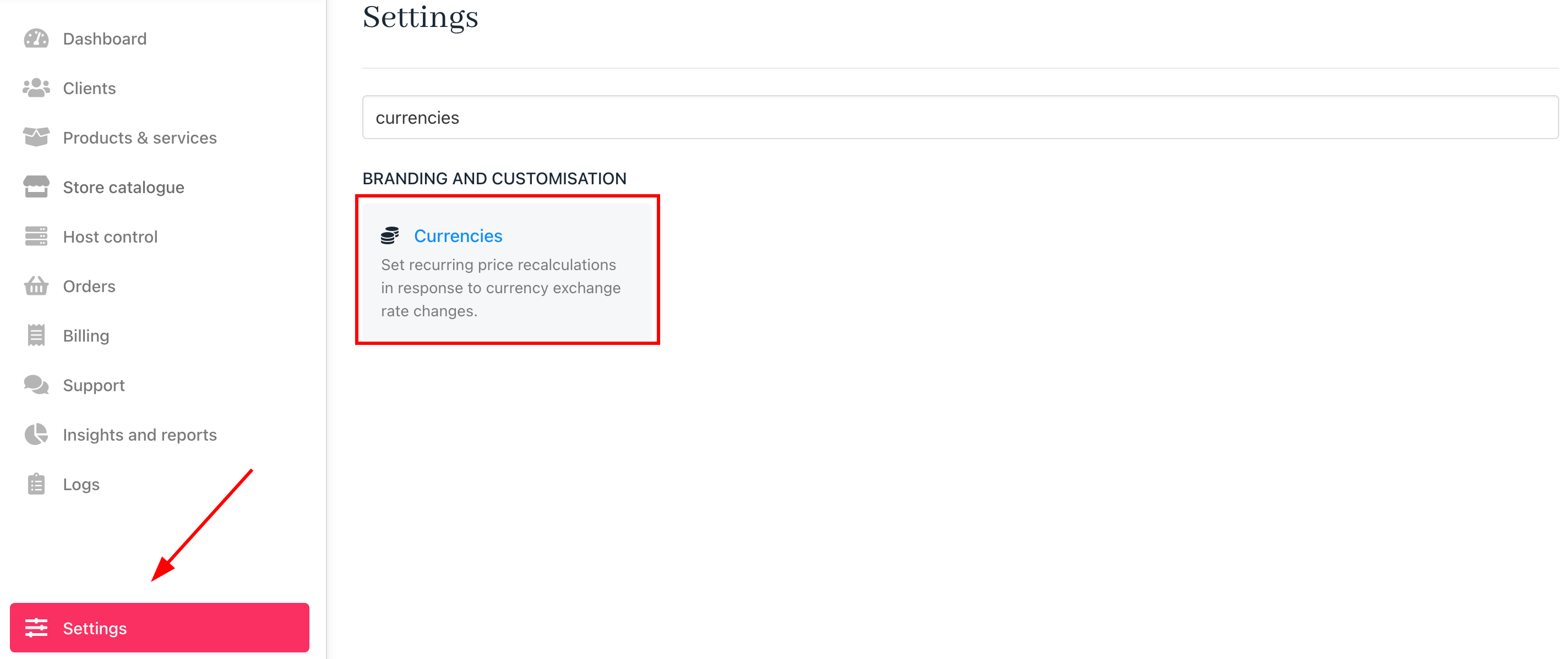 Settings > Currencies