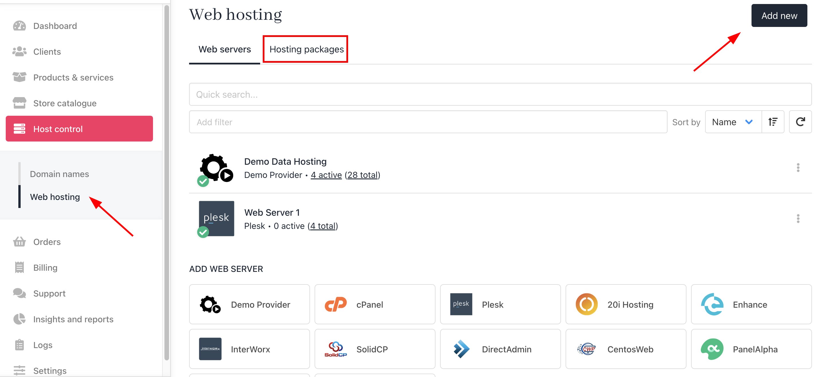 Host Control > Web Servers> Add New