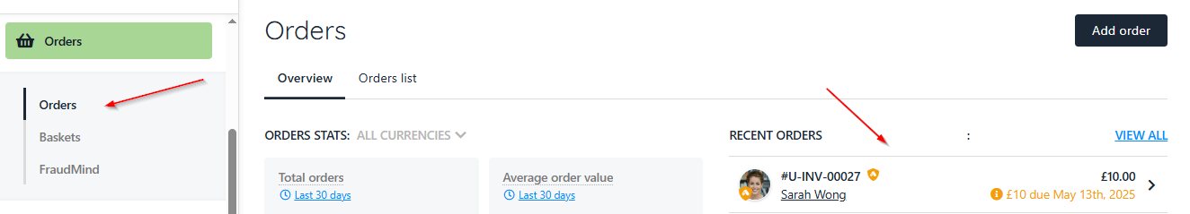 Find the order from admin panel