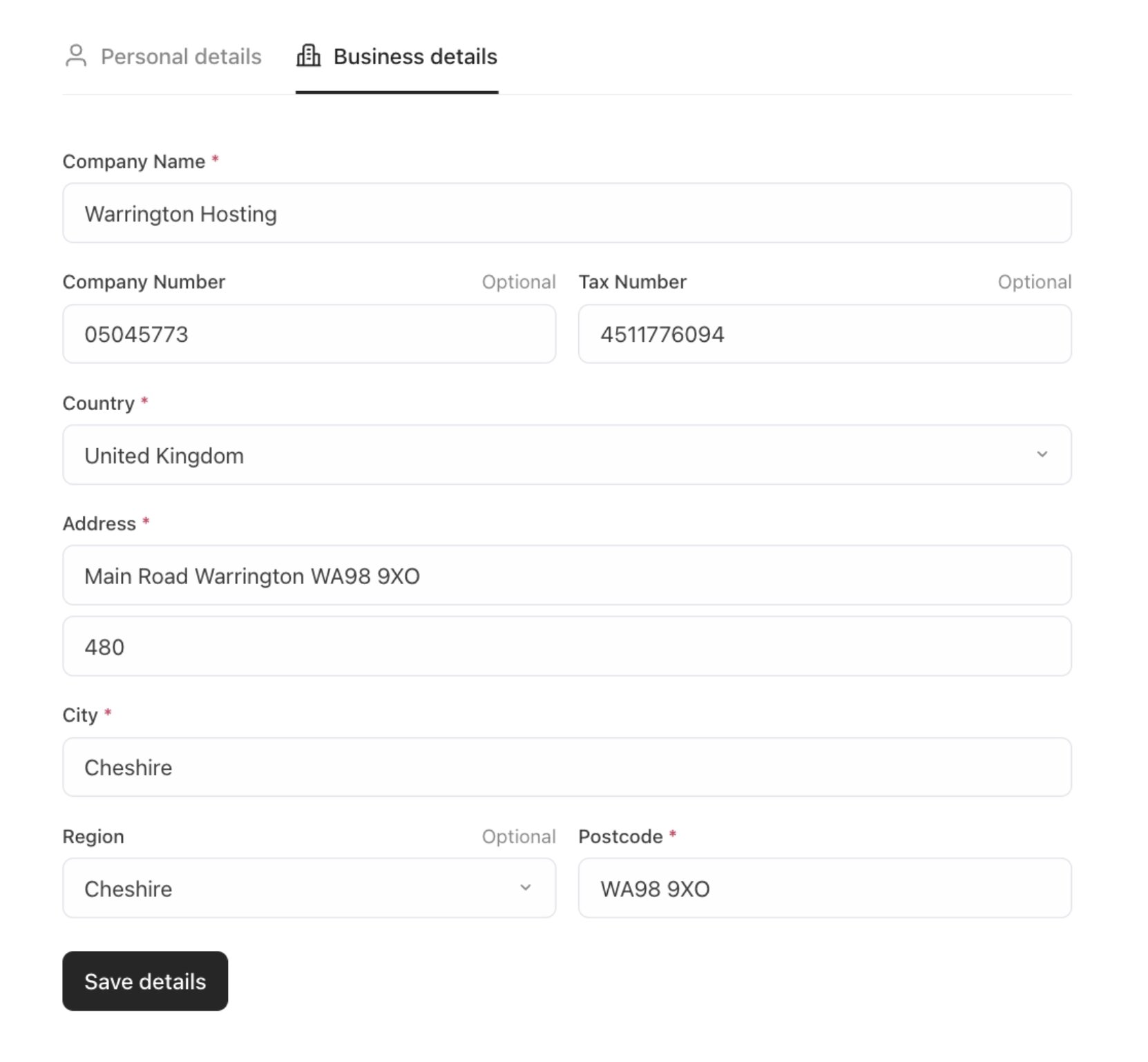 Cart 2.0 business billing details