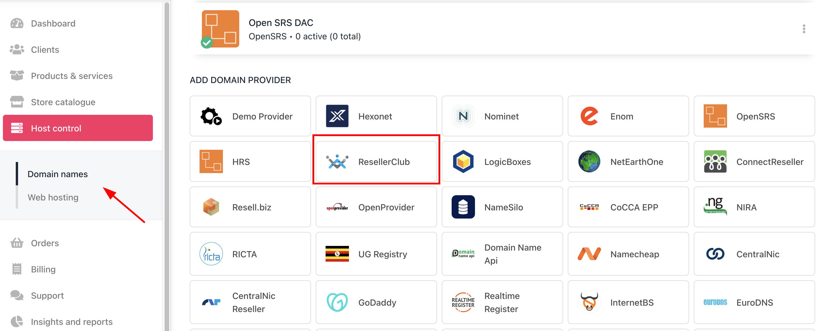 Host Control > Domain names > Registrars
