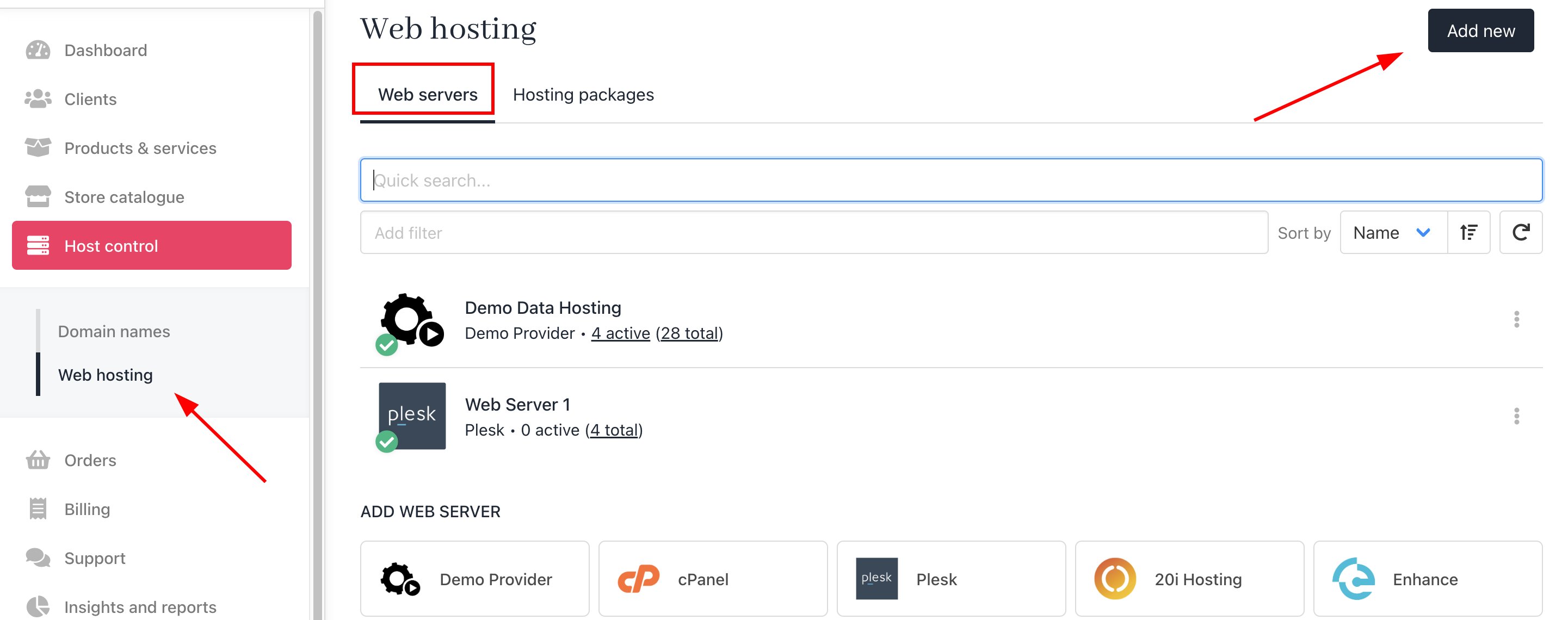 Host Control > Web Hosting > Web Servers > Add New