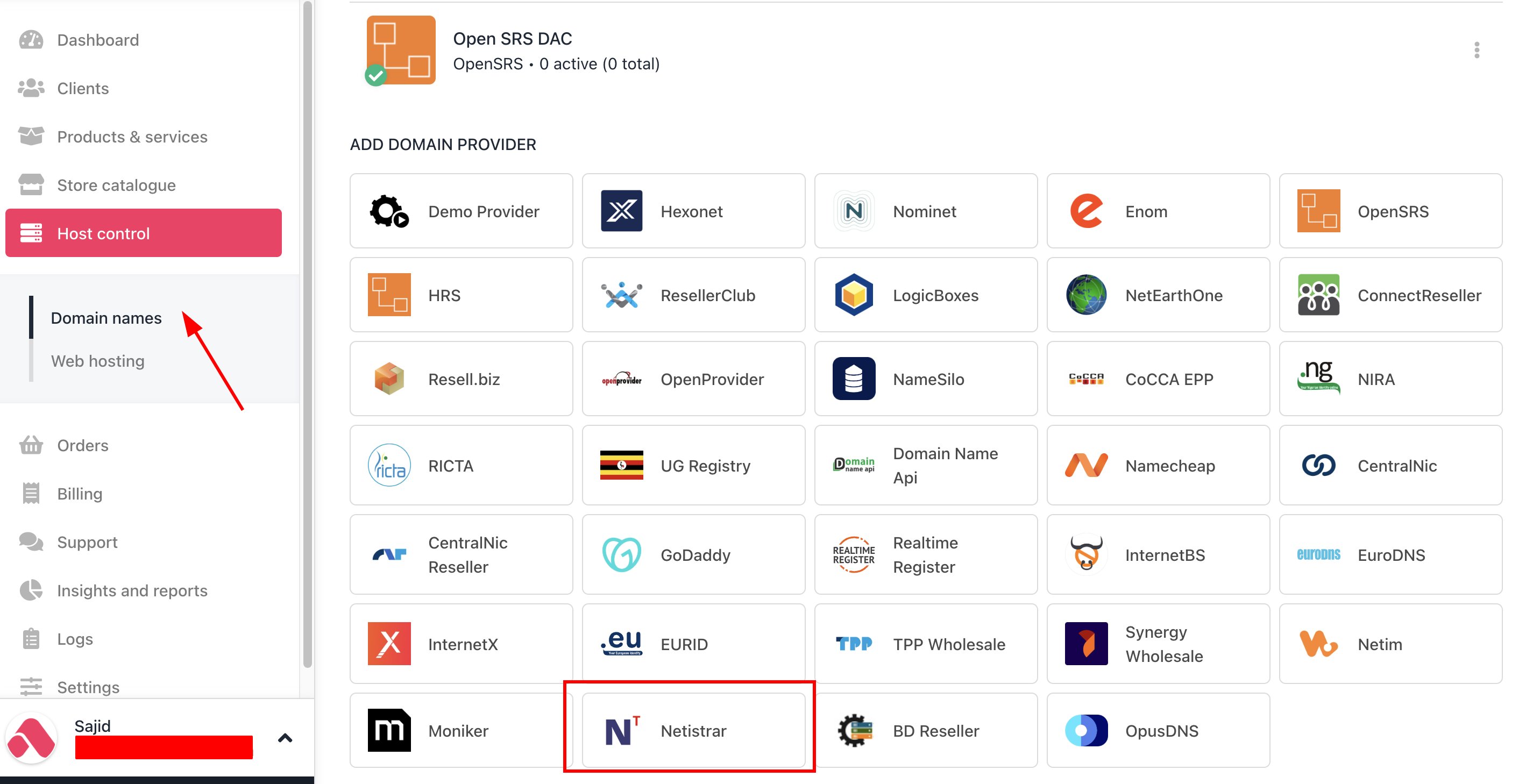Host Control > Domain names > Registrars