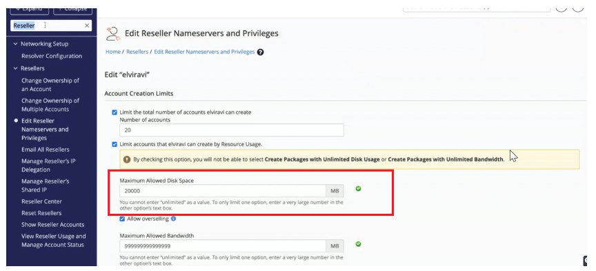 Reseller Disk Space Limit (MB)
