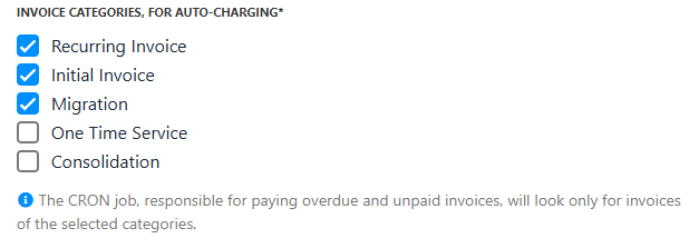 Invoice categories for auto-charging