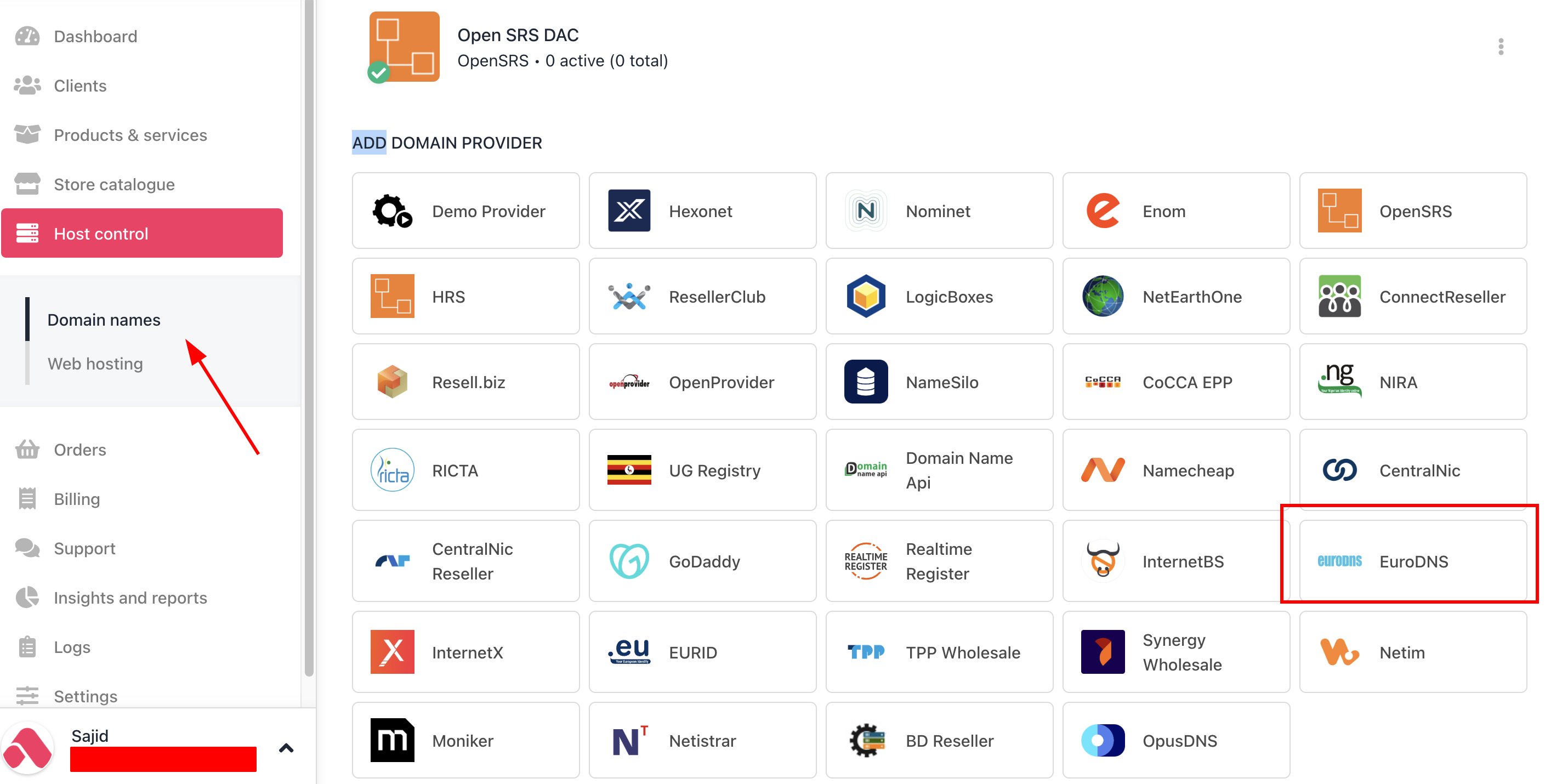Host Control > Domain names > Registrars