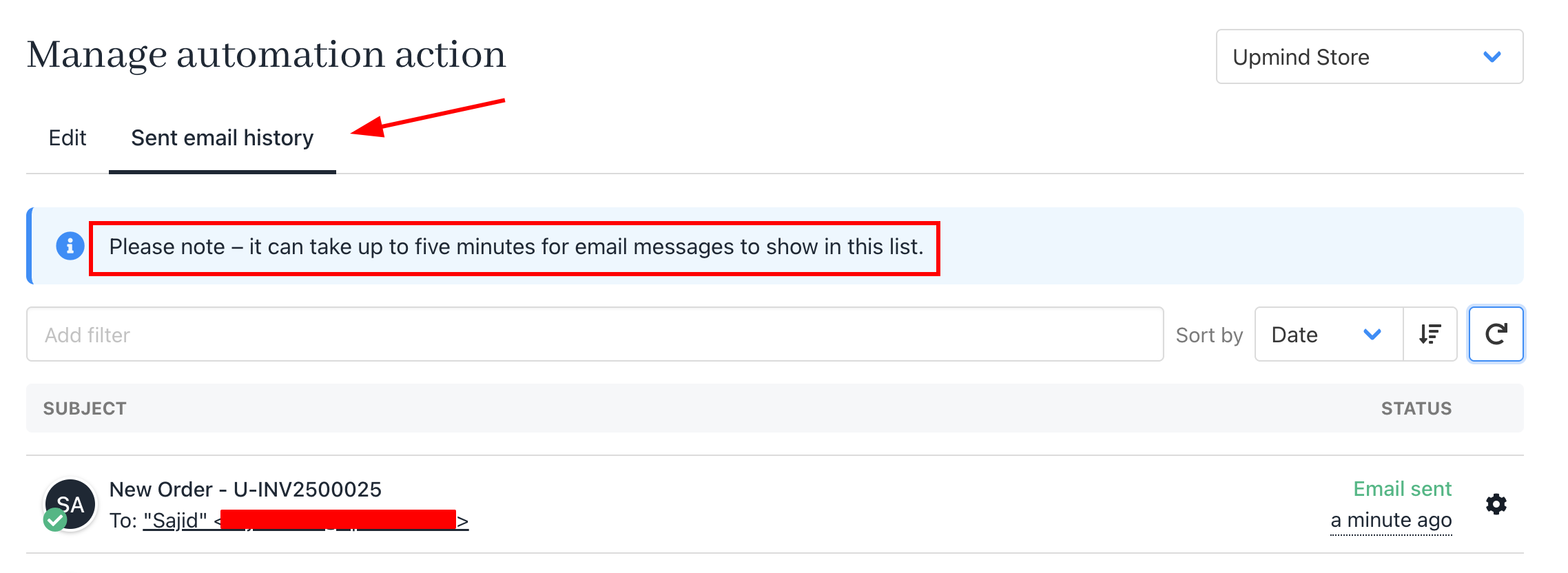 Review sent email history