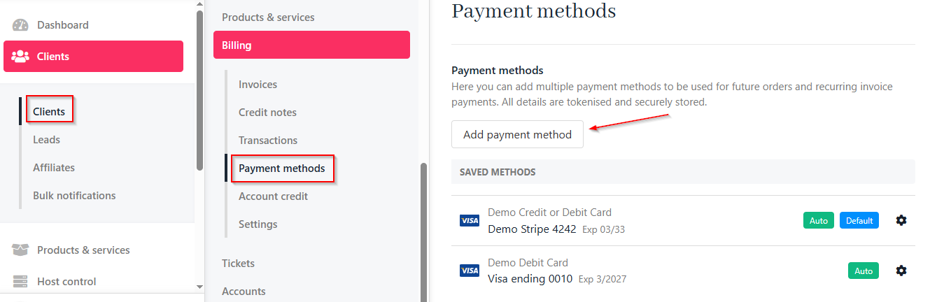 Clients > Billing > Payment methods