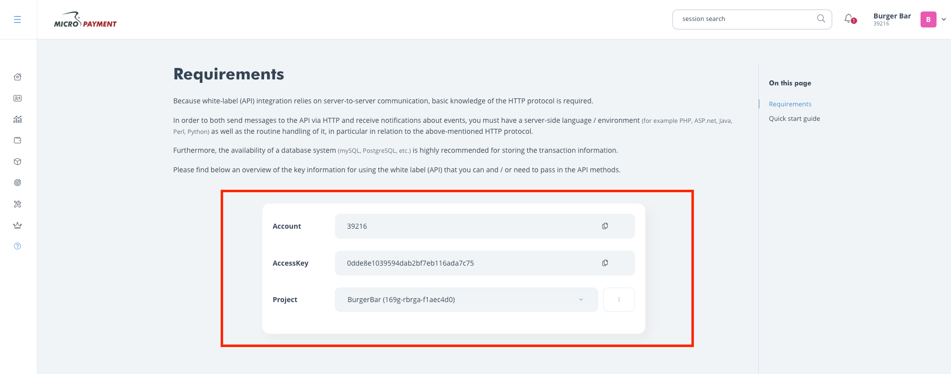 The Account, Access Key, and Project information can be found in the Requirements section of the Whitelabel API.