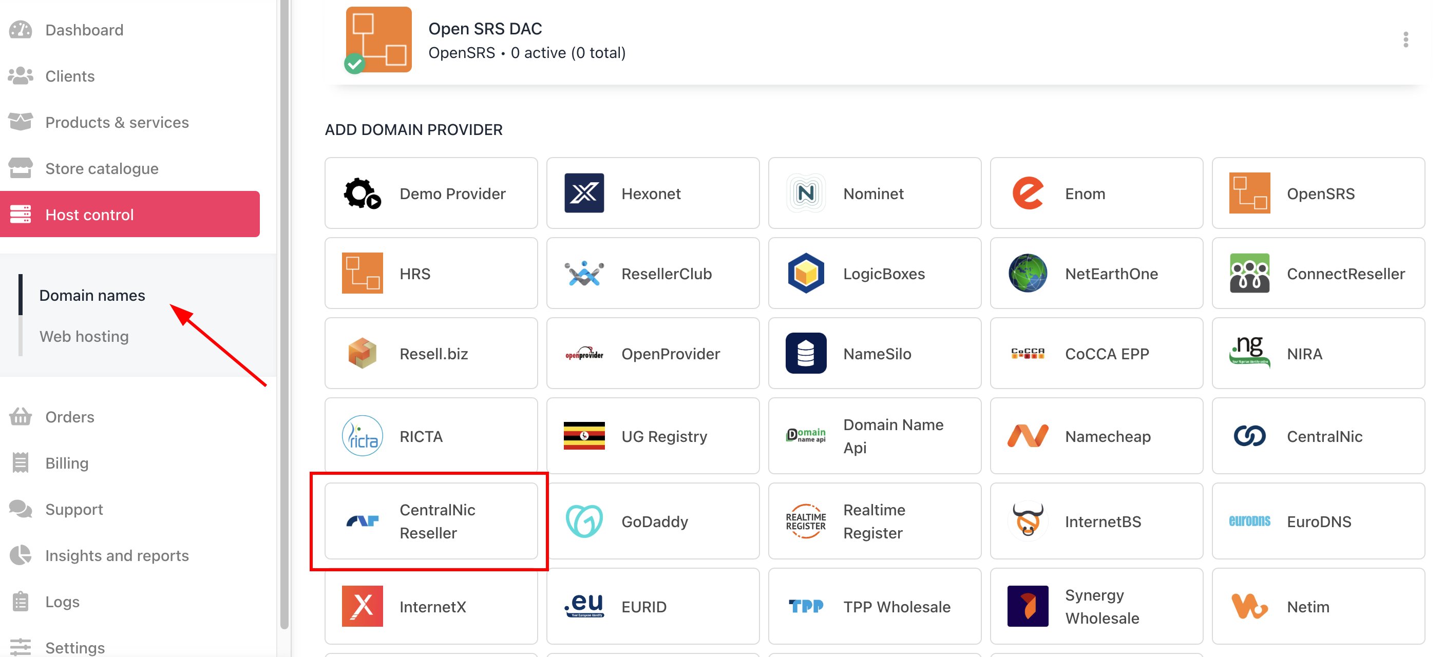 Host Control > Domain names > Registrars