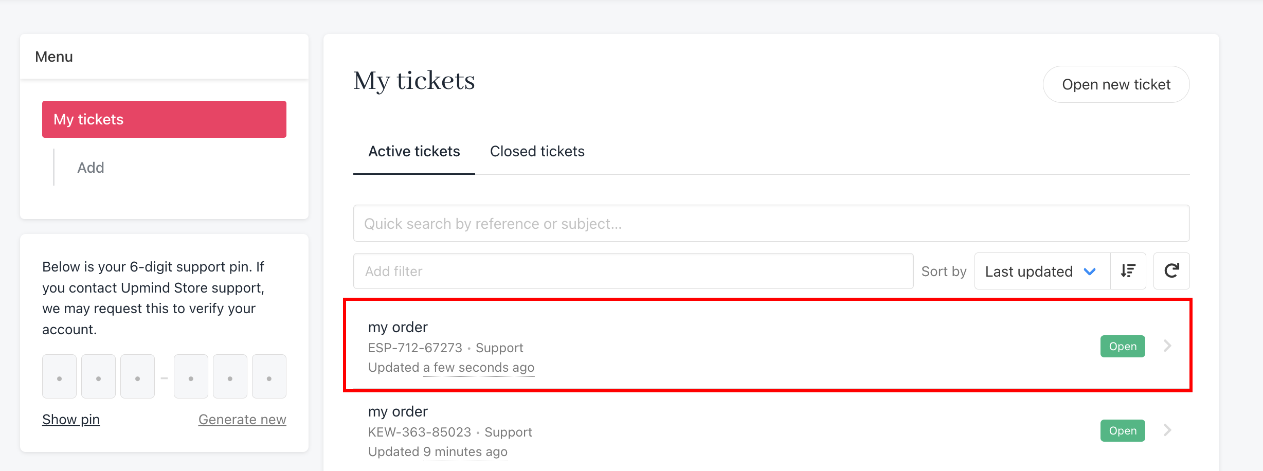 Active tickets list