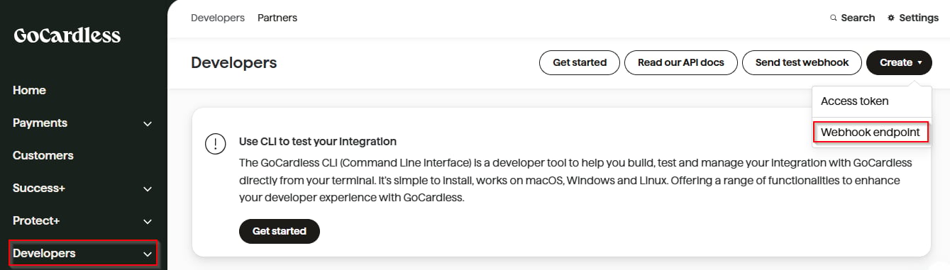Developers > Create > Webhook endpoint