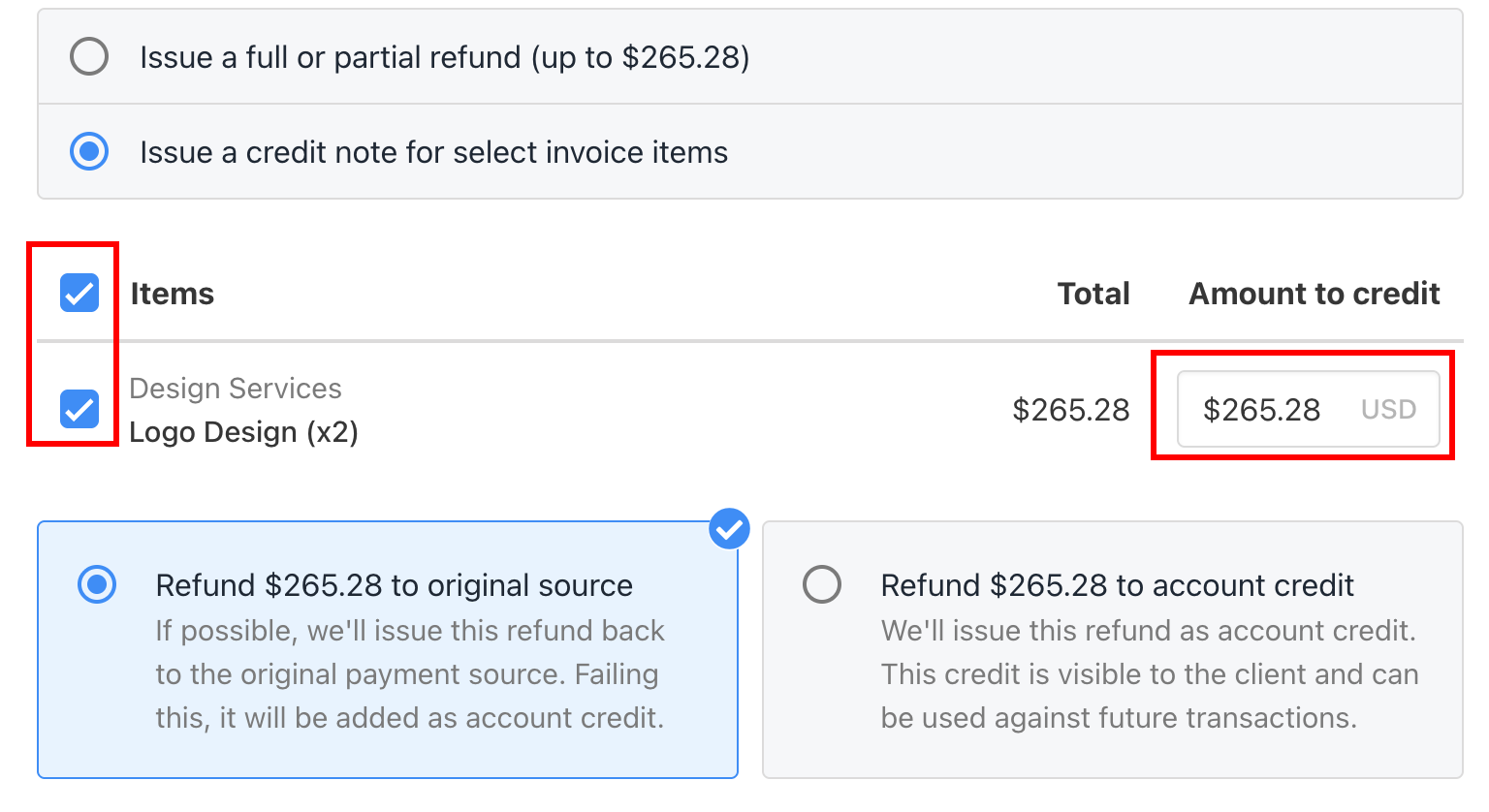 Credit note for invoice items