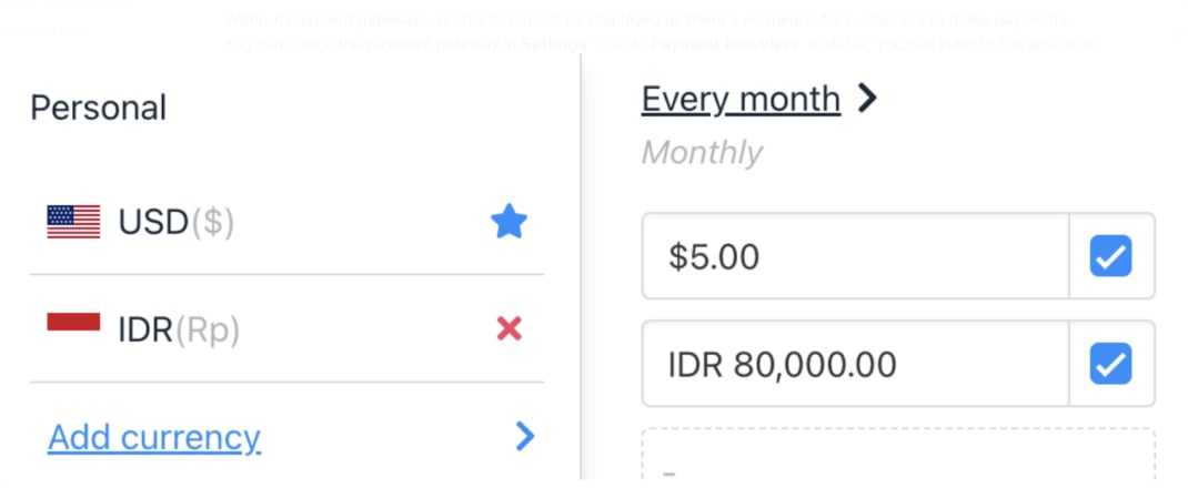 Product billing cycle in USD and IDR
