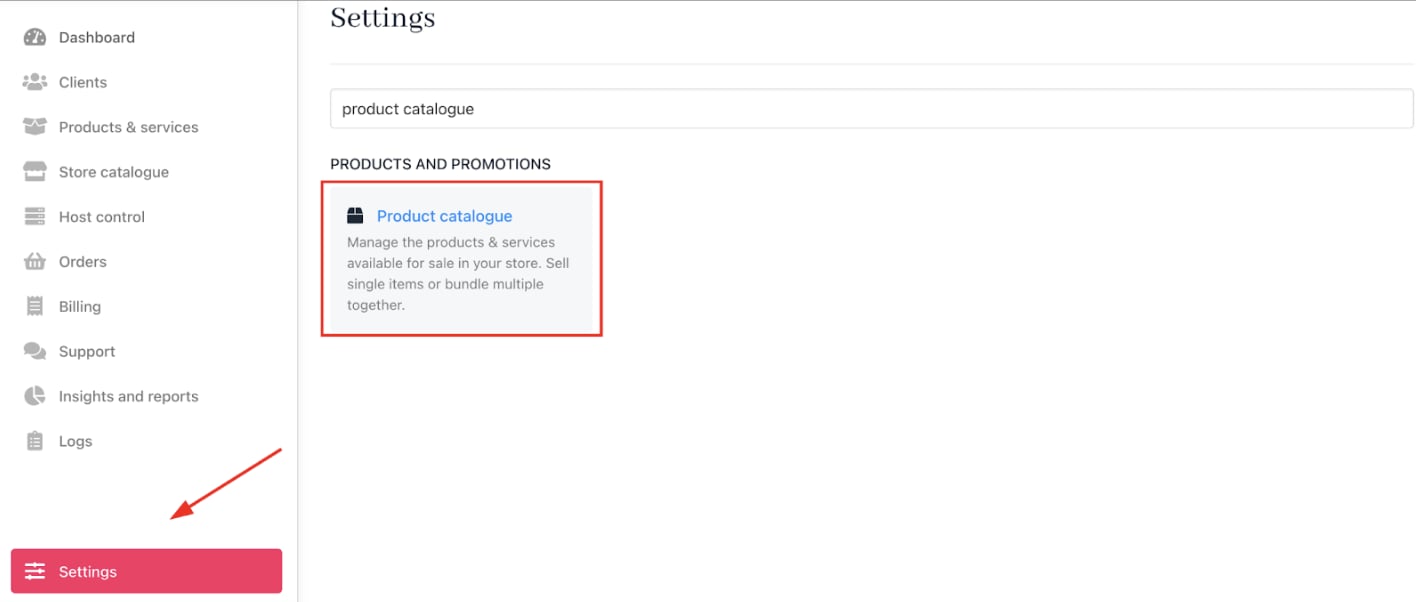 Settings > Products and Promotions > Product Catalogue