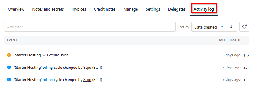 Activity log