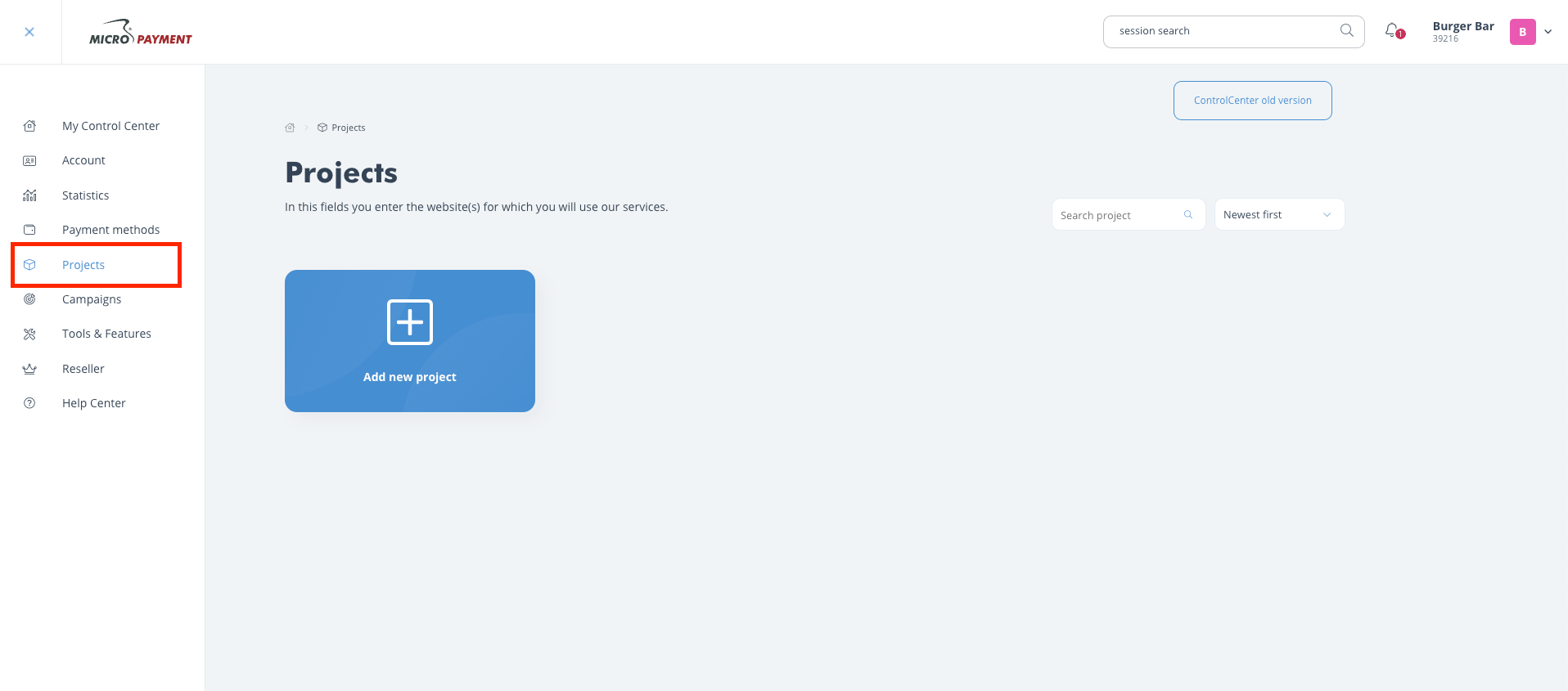 Create a Project in your Micropayment Dashboard