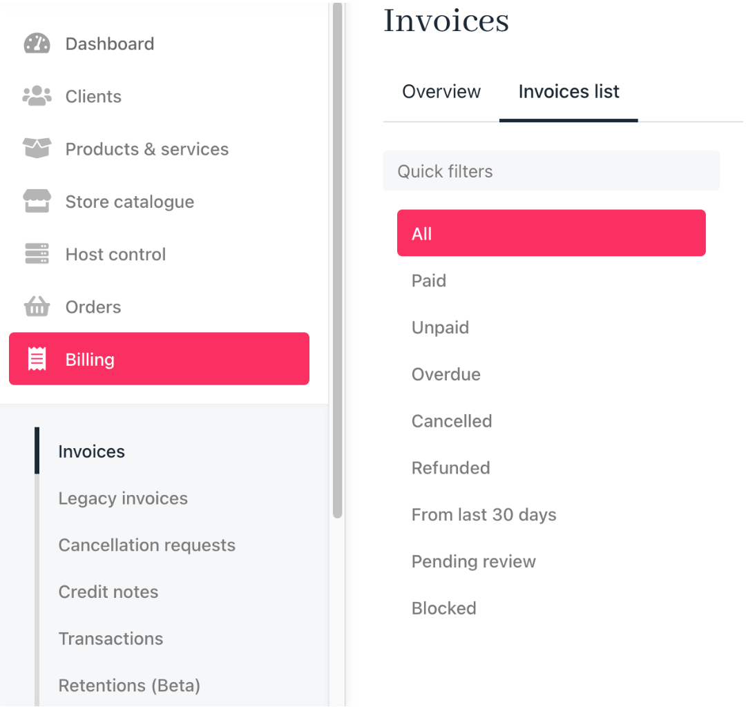 Invoices list