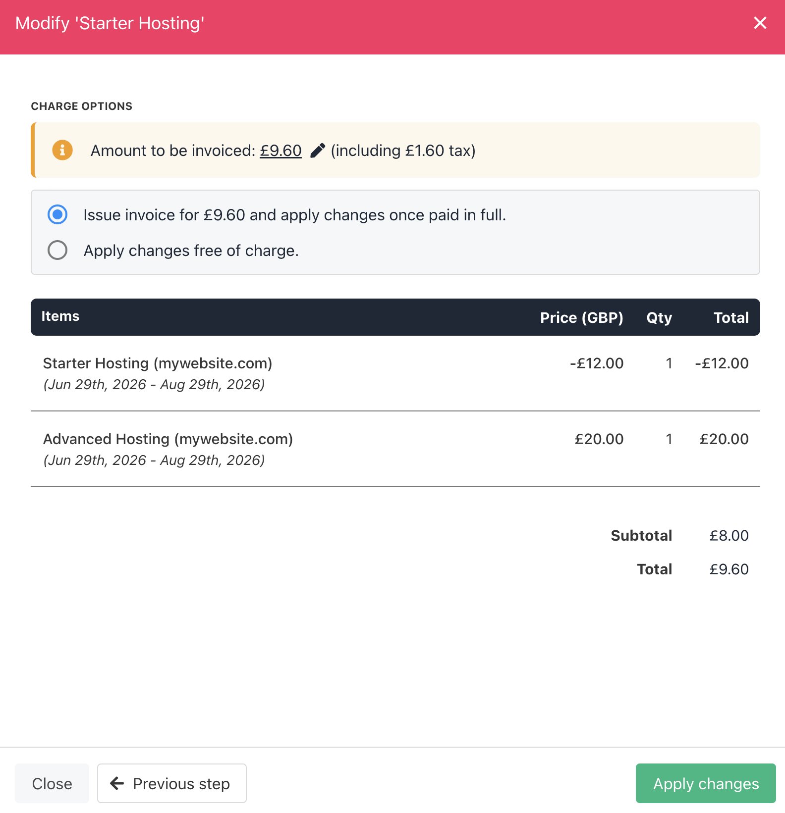 Choose billing terms and charge options