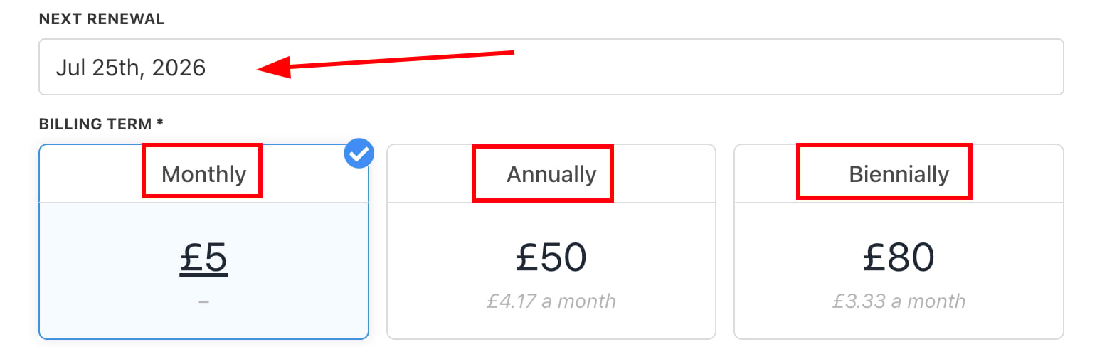 Set billing terms and next renewal date