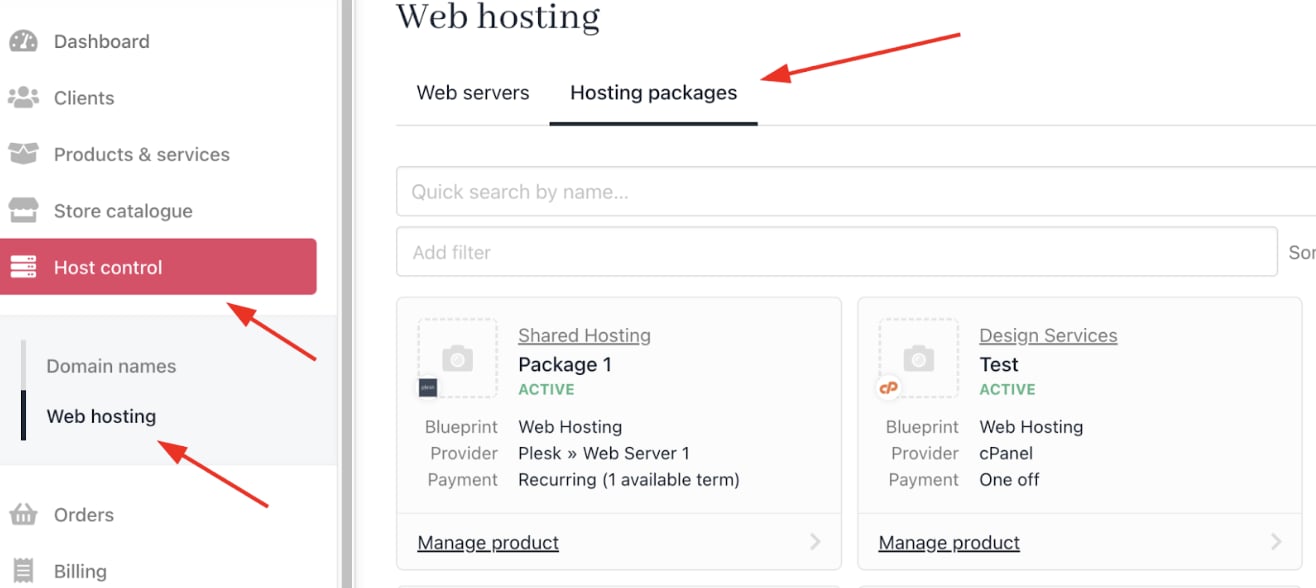 Host Control > Web Hosting > Hosting Packages
