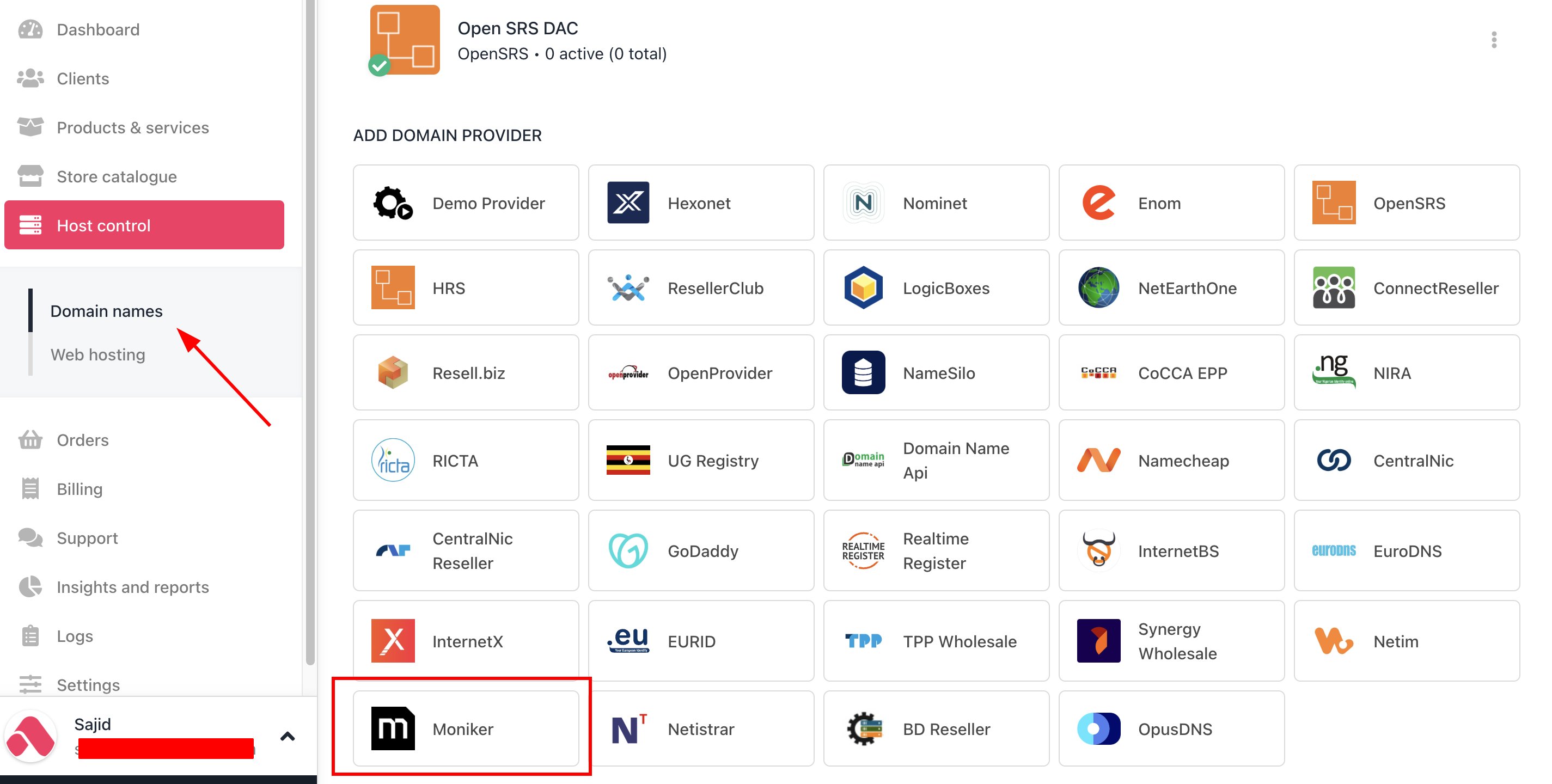 Host Control > Domain names > Registrars