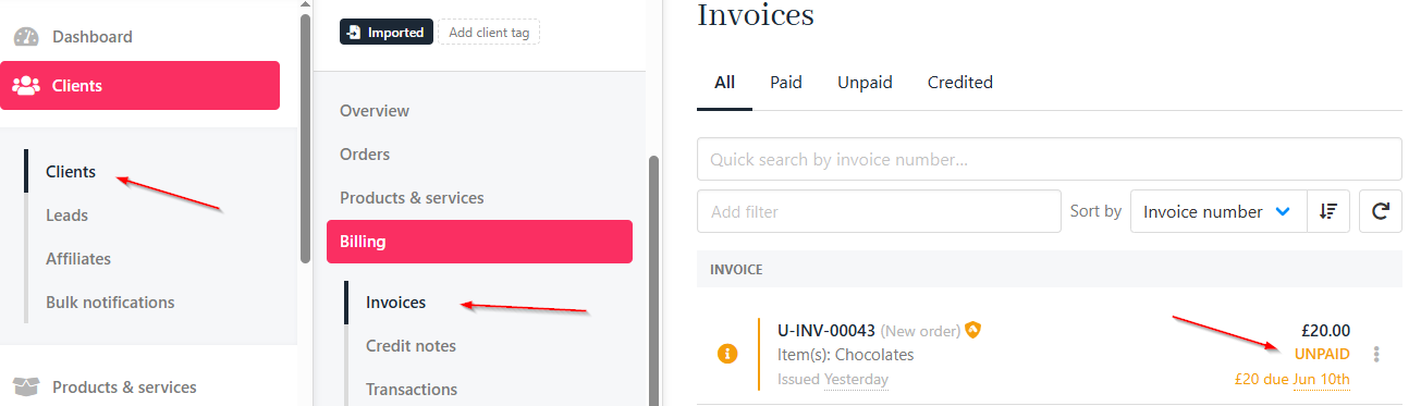 Clients > Invoices